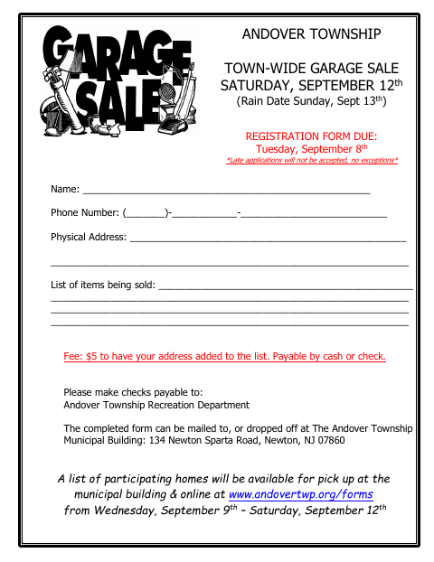 First page of the Town-Wide Garage Sale Registration Form