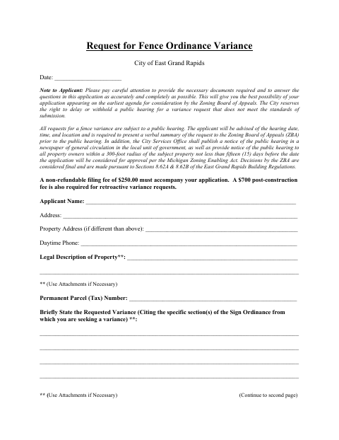 First page of the Request for Fence Ordinance Variance