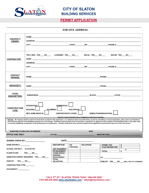First page of the Building Permit Application