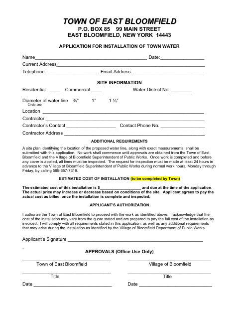 First page of the Application for Installation of Town Water