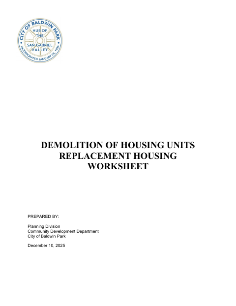 First page of the Demolition of Housing Units Replacement Housing Worksheet