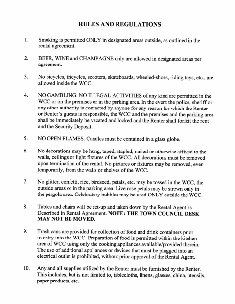 First page of the Community Center Rules and Regulations