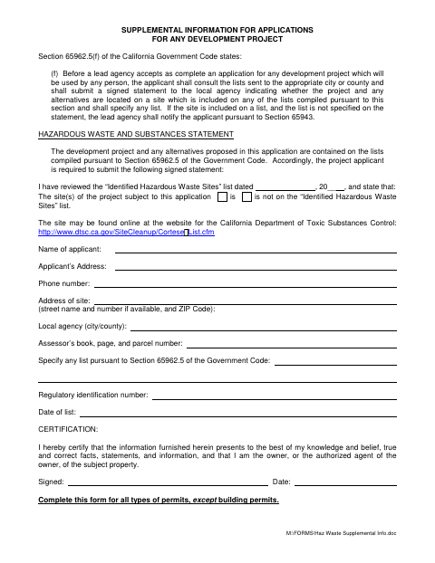 First page of the Hazardous Waste and Substances Statement for Entitlement Applications