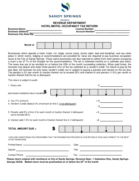 First page of the Hotel/Motel Occupancy Tax Return