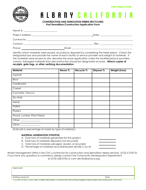 First page of the Post-Construction Recycling Form