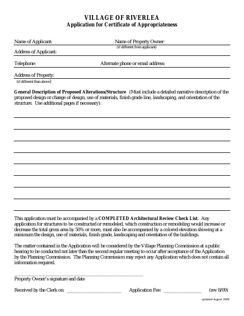 First page of the Application for Certificate of Appropriateness