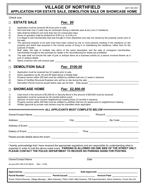 First page of the Application for Estate Sale, Demolition Sale or Showcase Home