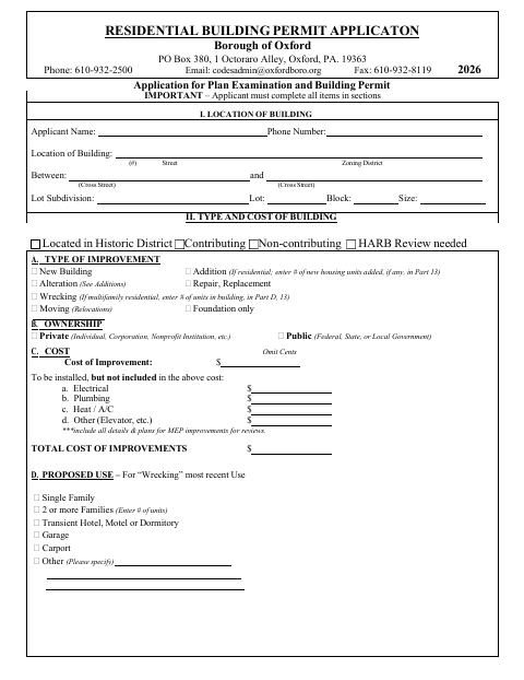 First page of the Residential Building Permit Application