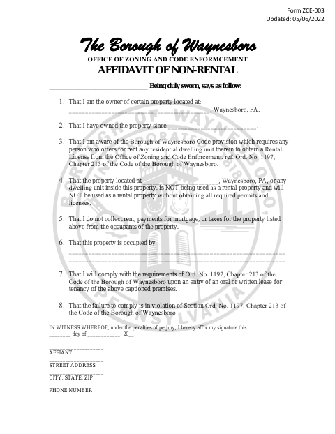 First page of the Affidavit of Non-Rental