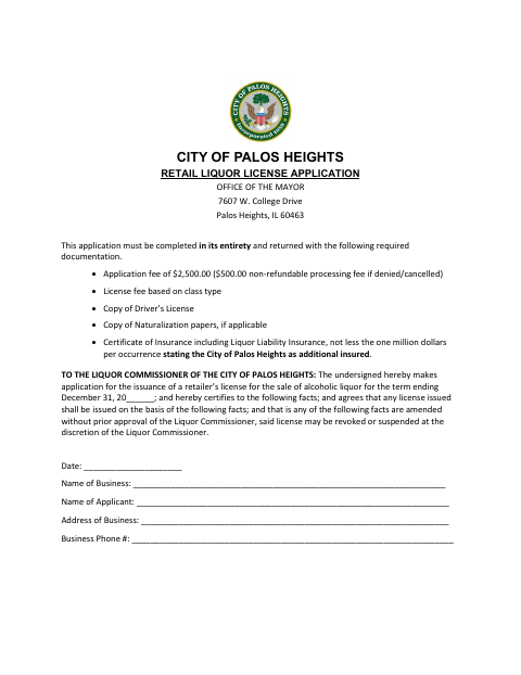 First page of the Retail Liquor License Application
