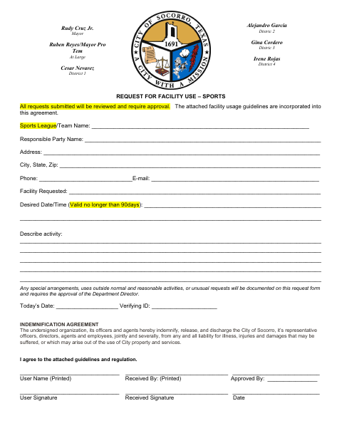 First page of the Request for Facility Use – Sports