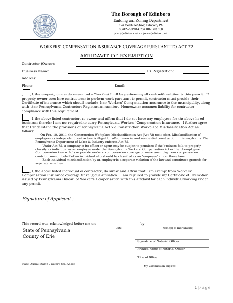 First page of the Workers’ Compensation Insurance Coverage Affidavit of Exemption
