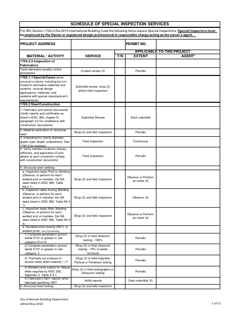 First page of the Schedule of Special Inspection Services
