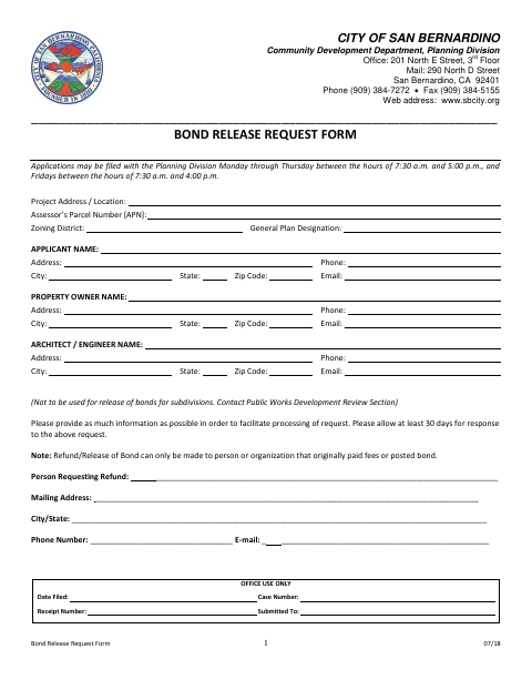First page of the Bond Release Request Form
