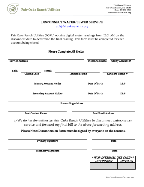 First page of the Water/Sewer Service Disconnect Form