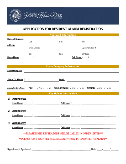 First page of the Application for Resident Alarm Registration