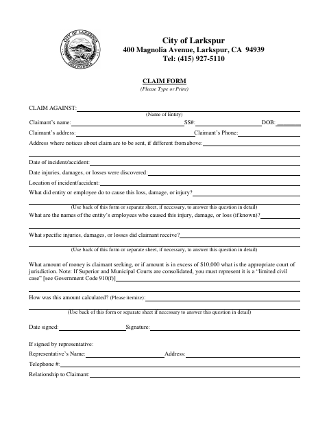 First page of the Claim Form