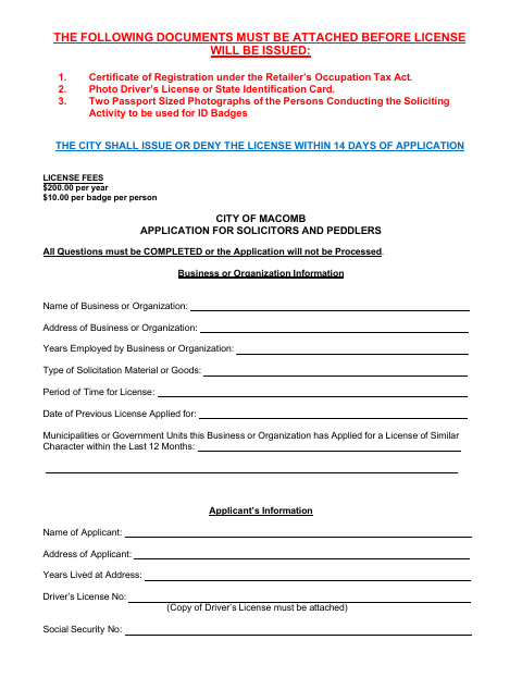 First page of the Solicitors and Peddlers Application