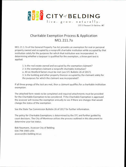 First page of the Charitable Property Tax Exemption Application