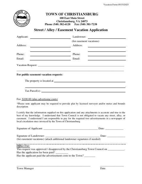 First page of the Street / Alley / Easement Vacation Application