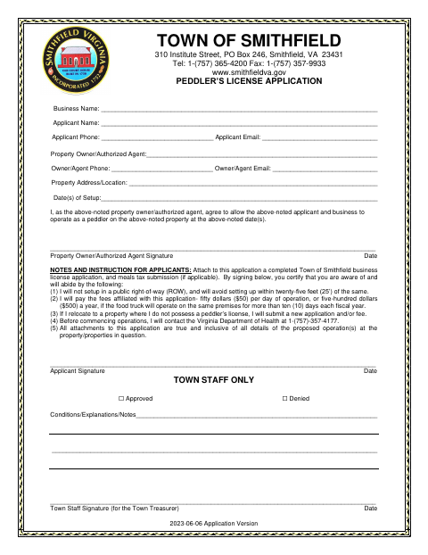 First page of the Peddler’s License Application