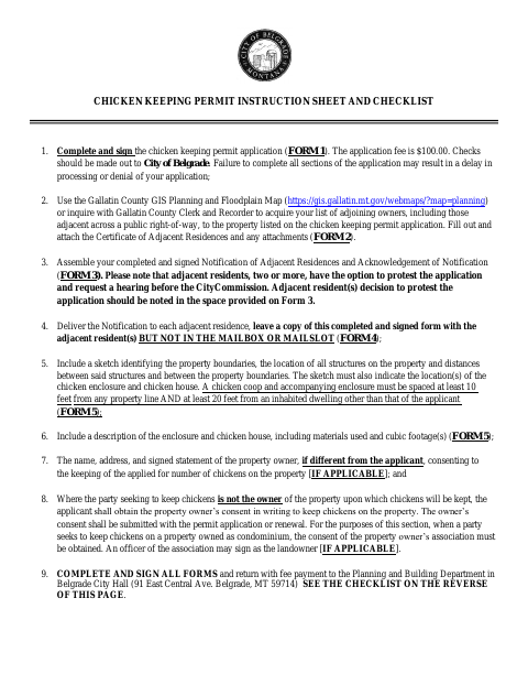 First page of the Chicken Keeping Permit Instruction Sheet and Checklist