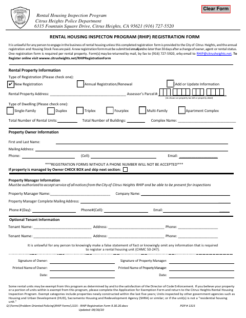 First page of the Rental Housing Inspection Program Registration Form