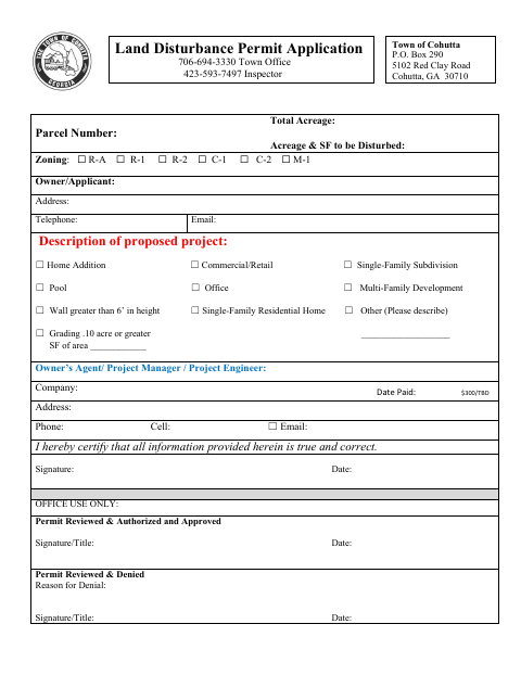 First page of the Land Disturbance Permit Application