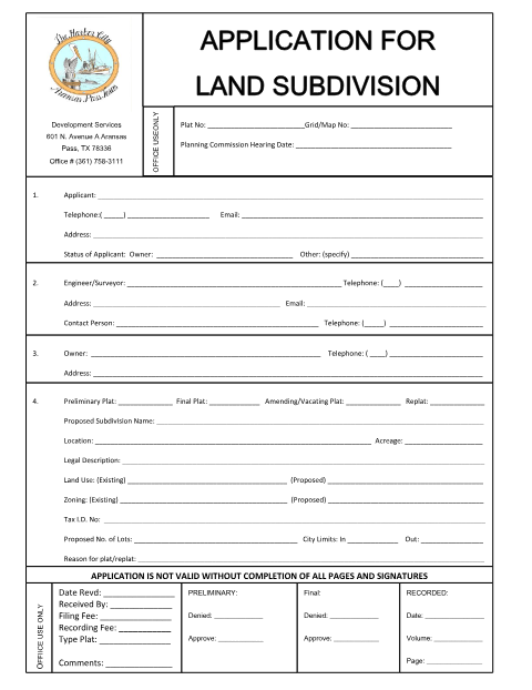 First page of the Application for Land Subdivision