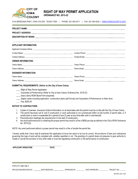 First page of the Right-of-Way Permit Application