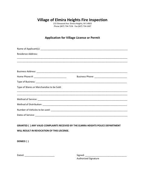 First page of the Application for Village License or Permit