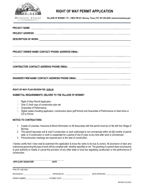 First page of the Right of Way Permit Application