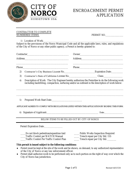 First page of the Encroachment Permit Application
