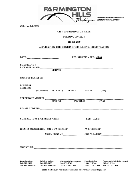 First page of the Contractor's License Registration Form