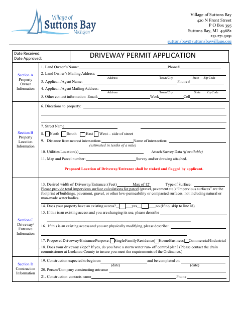 First page of the Driveway Permit Application