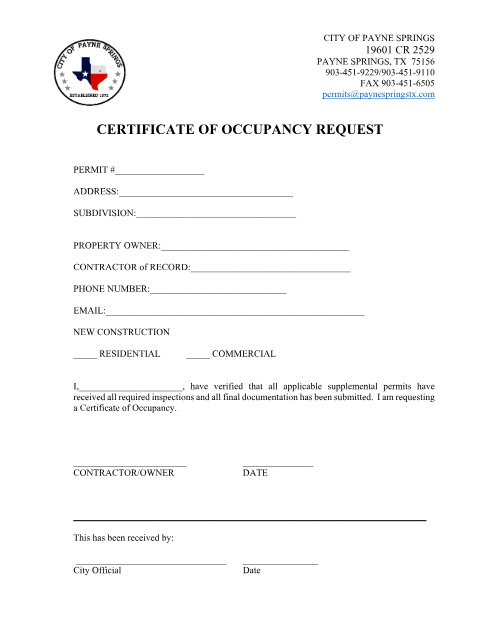 First page of the Certificate of Occupancy Request