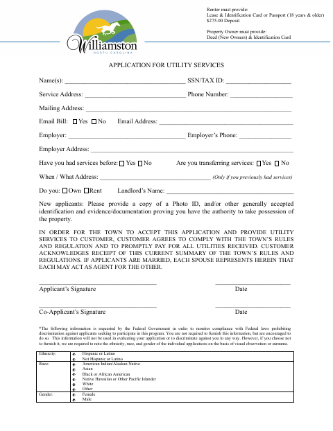 First page of the Application for Utility Services