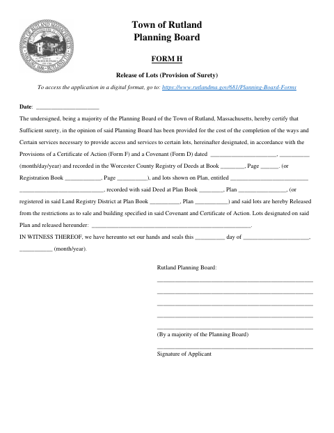 First page of the Form H Release of Lots (Provision of Surety)