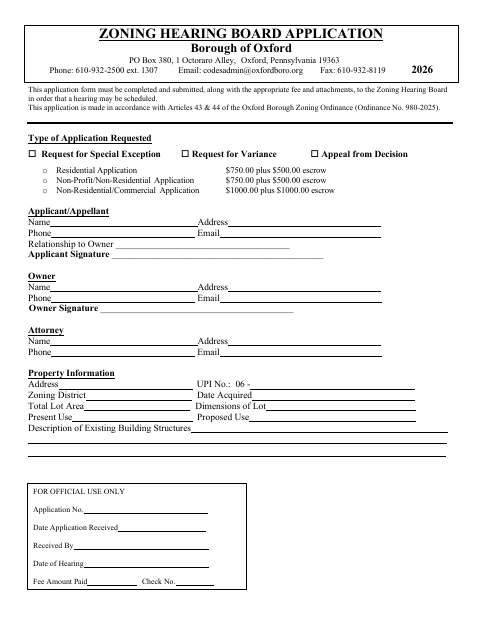 First page of the Zoning Hearing Board Application