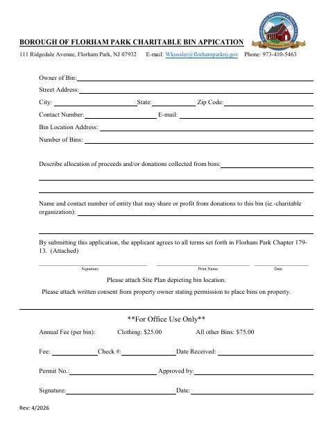 First page of the Charitable Bin Application