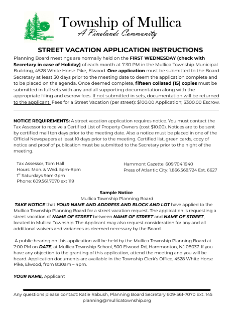 First page of the Street Vacation Application