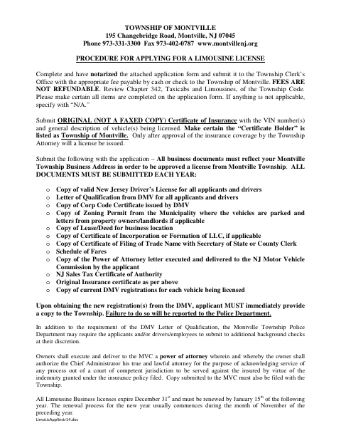 First page of the Limousine Business License Application