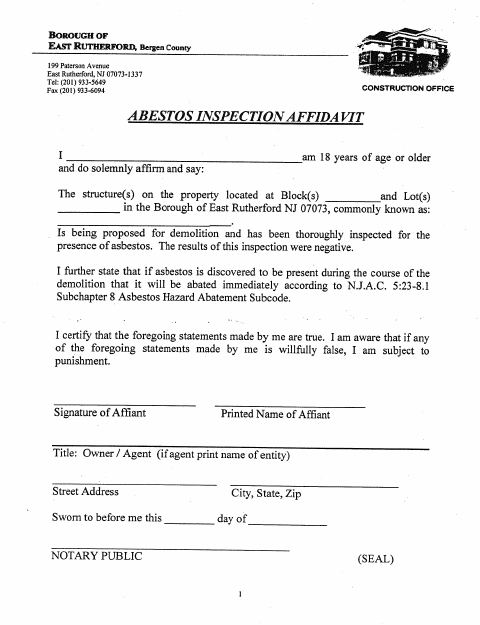 First page of the Asbestos Inspection Affidavit