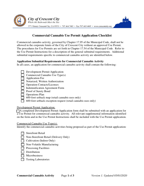 First page of the Commercial Cannabis Use Permit Application Checklist