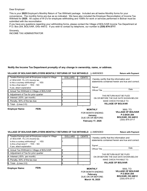 First page of the Employers Monthly Returns of Tax Withheld