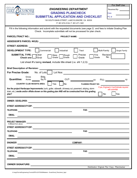 First page of the Grading Plancheck Submittal Application and Checklist
