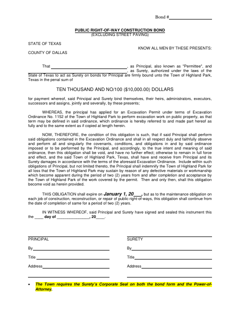 First page of the Public Right-of-Way Construction Bond (Excluding Street Paving)