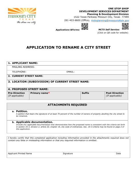 First page of the Application to Rename a City Street