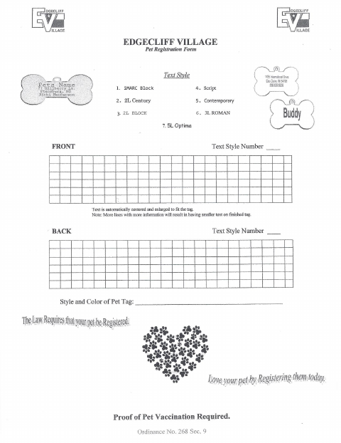 First page of the Pet Registration Form