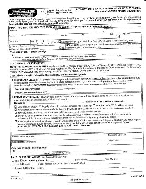 First page of the Application for a Parking Permit or License Plates for Persons With Severe Disabilities